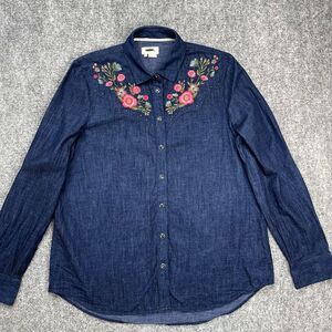 Kate Spade Denim Top Size Medium Blue Pearl Snap Embroidered Dark Wash Chambray